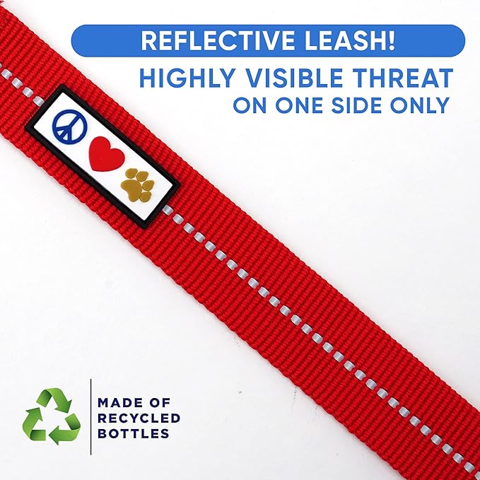 Pawtitas 6 FT Recycled Dog Leash with Reflective Stitched Thread Stitched on Side| Medium Reflective Dog Leash Made from Plastic Bottles Collected from Oceans – Red 6 ft Dog Leash