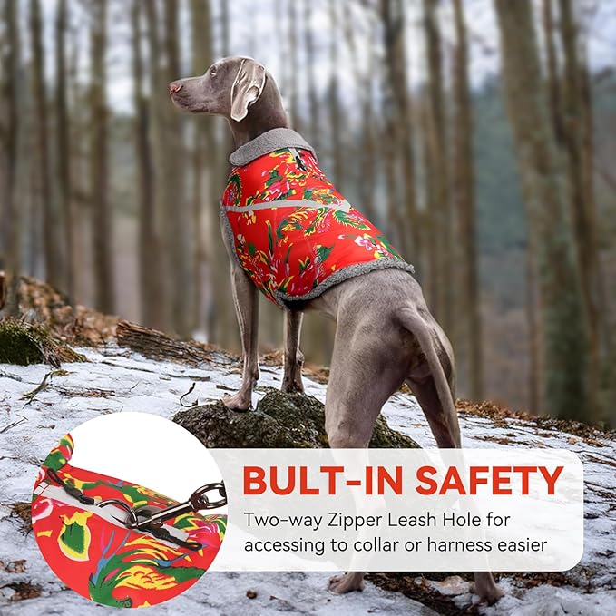 VIVAGLORY Snowrap Dog Coat, Jacket with Harness Hole & Velcro Closure, Dog Coat for Winter & Cold Weather, Fluffy Warm Fleece Lined Reflective Water Resistant for Puppy, XL, Northeast Florals-Red