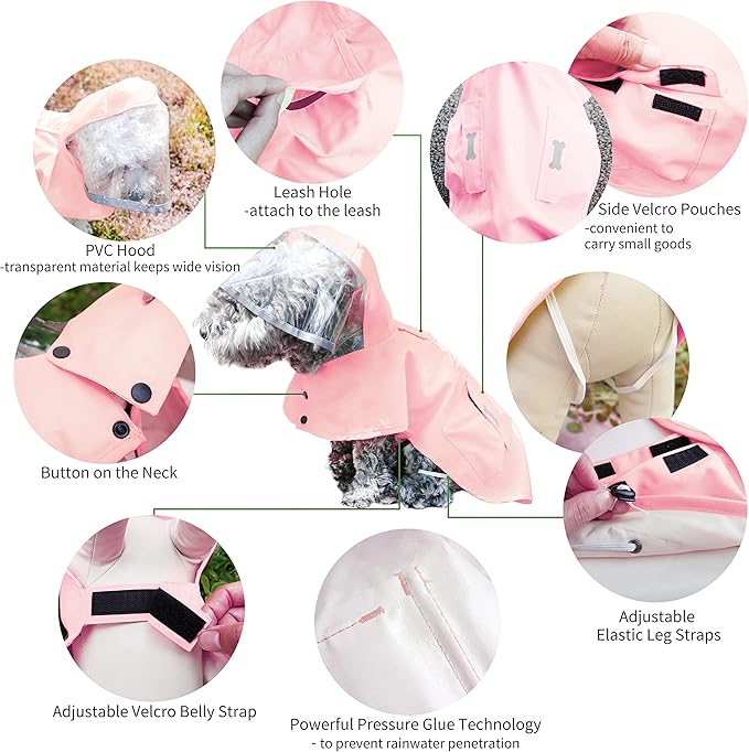 Dog Raincoat,Waterproof Rain Poncho with Hoodie, High Reflective Adjustable Pet Rain Jacket with Leash Hole for Small Medium and Large Dogs (Pink, Small)