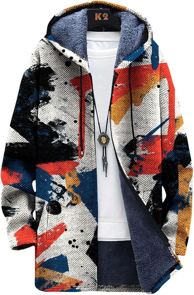 Mens Long Cardigan Hoodies Full Zip Fleece Lined Jackets Fashion Knitted Color Block Hooded Coat with Pockets