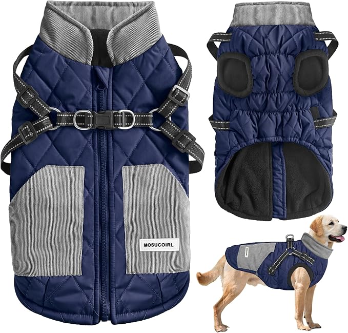 Mosucoirl Warm Dog Coats Pet Clothes, Waterproof Dogs Jacket Reflective Pet Outfits Winter Dog Cold Weather Coat Cozy Snow Jackets Vest for Small Medium Large Dogs Puppy Doggie (NavyBlue, L)