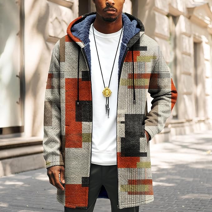 LIZALIG Long Hooded Cardigan Men Japanese Art Style Fashion Cool Graphic Coats Winter Warm Lined Fleece Jacket