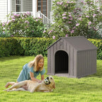 Large Dog House Outdoor Indoor, Durable Plastic Waterproof Doghouse with Air Vents and Elevated Floor, Easy Clean and Assemble for Medium Large Dogs (Classic Grey, 36.2''L×38''W×38''H)
