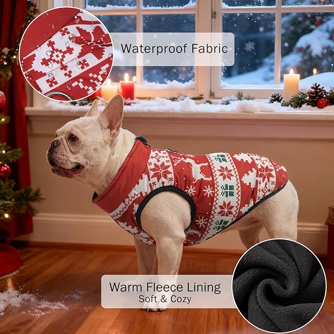 SCENEREAL Christmas Winter Dog Vest Coat with Harness Built in, Warm Puppy Jacket for Small Medium Dogs, Cold Weather Coat with Zipper, Fleece Puffer Vest Windproof Snow Clothes, S