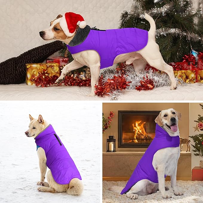 Dog Winter Coat, Waterproof Dog Jacket with Leash Hole, Reflective Adjustable Pet Snow Vest, Warm Fleece Sweater for Small Medium Large Dogs - Purple, 2XL