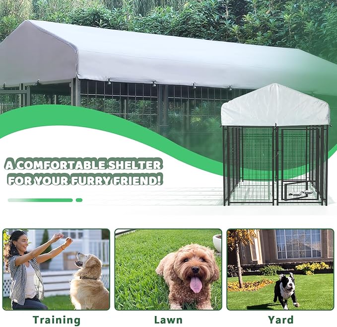 LEMBERI 8x4x4 Outside Dog Kennel with Roof for Large Dogs,Heavy Duty Welded Wire Steel Dog Playpen Fence with Secure Lock, Pet Pen with UV-Resistant Waterproof Cover (93.1''L x 50.4''W x 56.6'H)