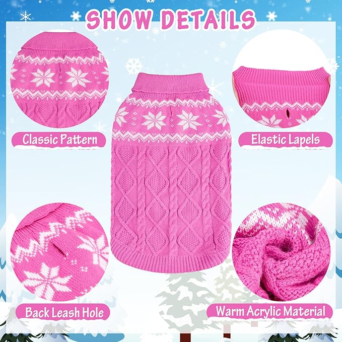 Warm Winter Pink Dog Sweater - Female Cold Weather Pet Clothes for Small Medium Large Dogs Girl Indoor Outdoor, Soft Classic Knit Puppy Apparel Coat