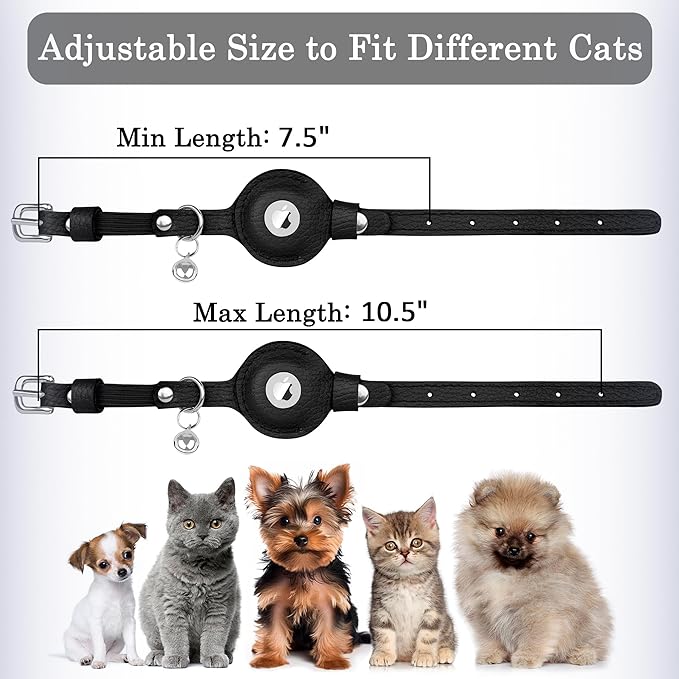 OOPSDOGGY Cat Collar for AirTag Holder, Leather Kitten Collars with Elastic Strap & Bell, Non Breakaway Adjustable Small Pet Collars for Indoor & Outdoor for Boy, Girl (Black)