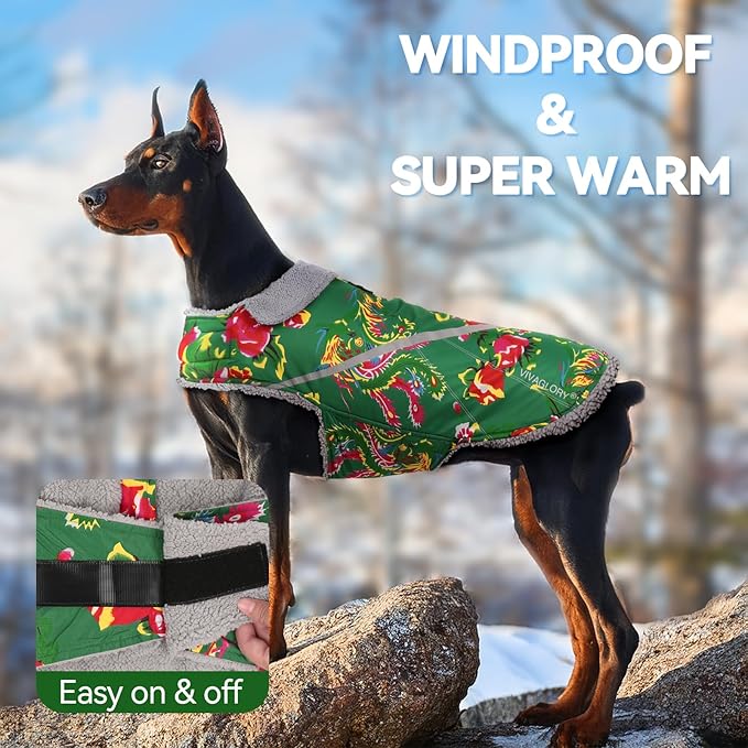 VIVAGLORY Snowrap Dog Coat, Jacket with Harness Hole & Velcro Closure, Dog Coat for Winter & Cold Weather, Fluffy Warm Fleece Lined Reflective Water Resistant for Puppy, L, Northeast Florals-Green