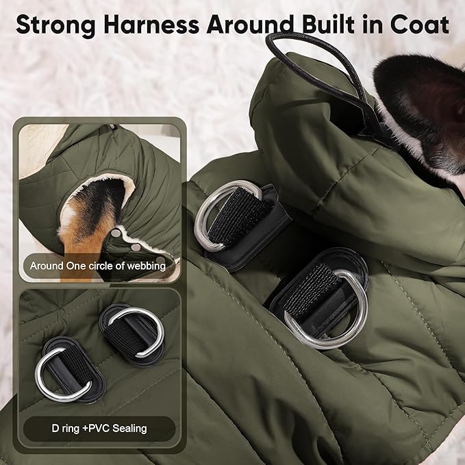 Fleece Lining Dog Hoodie with Harness Built in,Extra Warm Small Dog Jacket in Winter Puppy Coats with Drawstring Hooded,Green XS