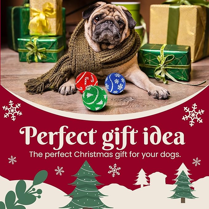Christmas Dog Balls Toys, 6 Pack 2.5'' Squeaky Tennis Balls for Dogs | Idea Gift for Puppy Birthday & Christmas Decoration & Stocking Stuffers, Small Medium Large Breeds