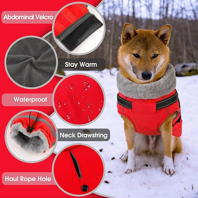 PETDSH Dog Coat Large, Built-in Harness Dog Jacket with Warm Fleece Lining, Waterproof Reflective Dogs Winter Coat, Pet Coats with Pocket and Trash Bags (Red, Large)