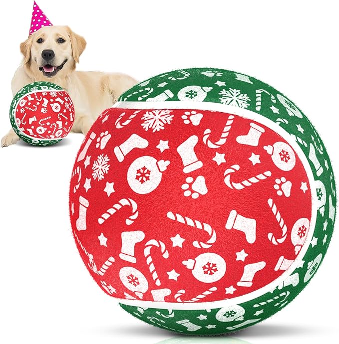 QDAN Christmas Dog Toys, Giant Tennis Ball for Large Big Dog, Balls for Outdoor Play Balls for Medium Large Dogs, Toys Birthday Gifts, 9.5 Inch