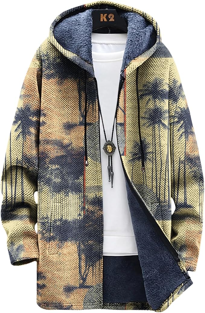 LIZALIG Long Hooded Cardigan Men Japanese Art Style Fashion Cool Graphic Coats Winter Warm Lined Fleece Jacket