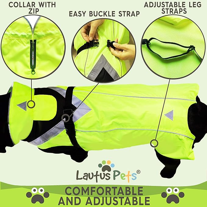 Dog Rain Coat - Waterproof, Reflective, Bright Yellow with Harness Hole (L, Yellow)
