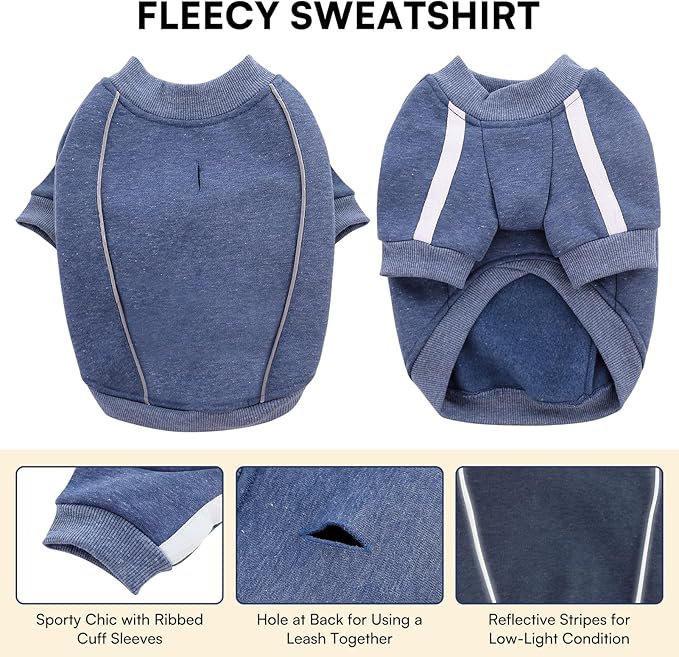 Queenmore Fleece Dog Sweater for Male Dogs, Soft Pullover Dog Sweatshirt with Leash Hole/Reflective Stripes – Cozy Winter Fleece Jacket for Small Medium Large Boy Puppy, Blue L