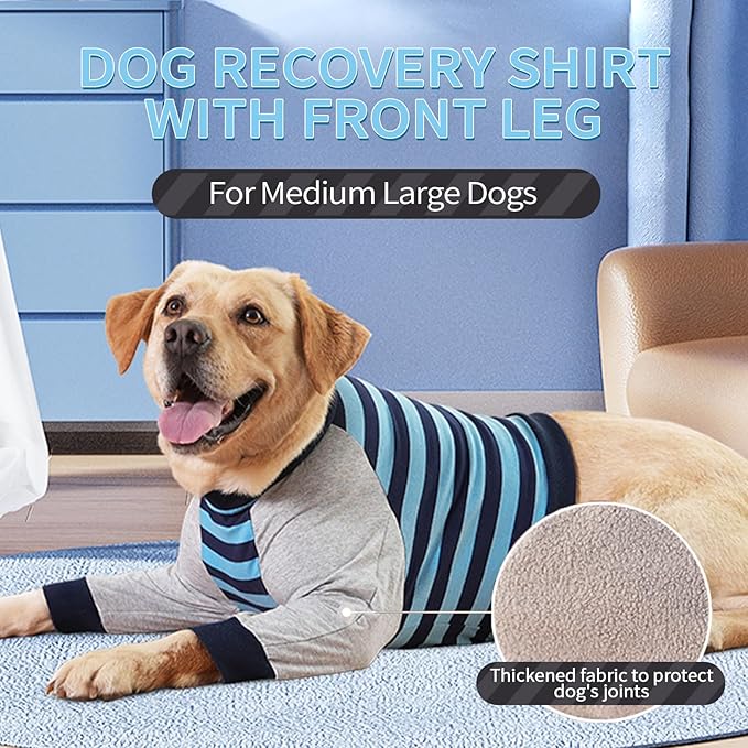 FUAMEY Dog Recovery Sleeve with Elbow Protector,Dogs Shirt Stop Licking Joints,Pet Long Sleeve Suit Protecting Dog's Front Leg Arm Wounds Cover Skin Conditions Blue Stripe S