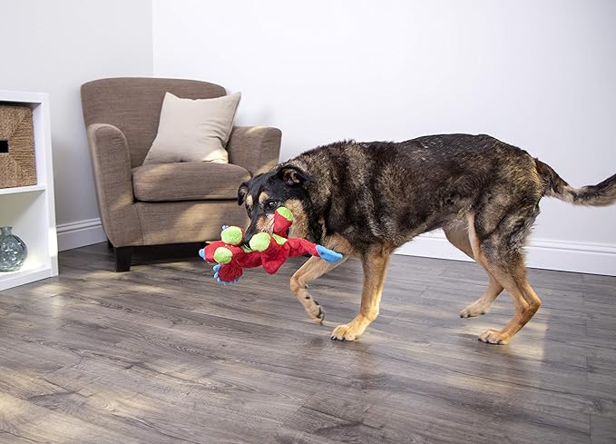 goDog Dinos Frills Squeaky Plush Dog Toy with Chew Guard Technology, Durable Fabric & Squeaker for Active Play, Red, Large