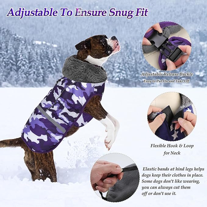 Dogcheer Warm Dog Coat, Waterproof Dog Jacket Christmas Puppy Winter Coat with Buckle, Reflective Adjustable Pet Snow Jacket Turtleneck Fleece Sweater for Small Medium Large Dogs - Camo Purple, M