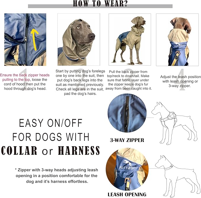 Dog Lightweight Windbreaker, Pet Outdoor Sports Jacket, 0.5 lbs,3 in One, Hooded, Easy on/Off with Collar and Harness, Reflective Piping, Packable, Dog Hiking/Camping, Navy Blue-3XL
