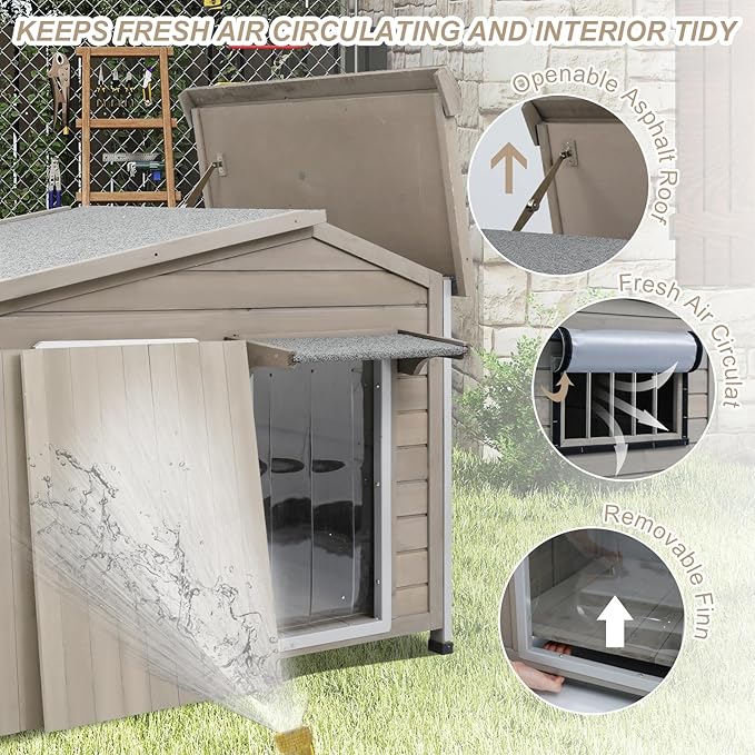 Outdoor Dog House with Reinforced Iron Frame, Wooden Kennel with Weather-Resistant Roof, Removable Floor, Vent Window & Easy Assembly, for Medium & Large Dogs, 40" L x 26" W x 33.5" H