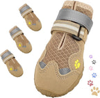 Dog Shoes, FISHOAKY Dog Shoes for Large Dogs, Mesh Breathable Dog Boots & Paw Protectors for Summer Hot Pavement Winter Snowy, 360°Anti Slip 4Pcs Dog Booties with Reflective Khaki (Size 4)