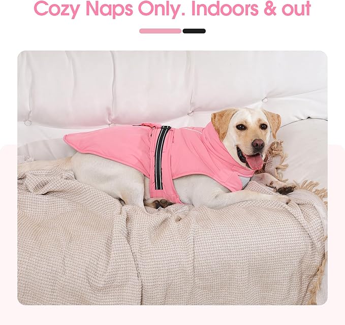 Extra Large Dog Coat, Warm Dog Winter Jacket, Waterproof Dogs Snowsuit with Foldable High Collar, Reflective Strips, Adjustable Hook & Loop Closure - Ideal for Cold Weather - Pink 4XL