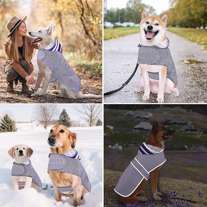 Dog Raincoat for Small Dogs Puppies Waterproof Hooded Rain Jacket with Reflective Strips Leash Hole & Poncho Adjustable Fit (Bluestripe,S)