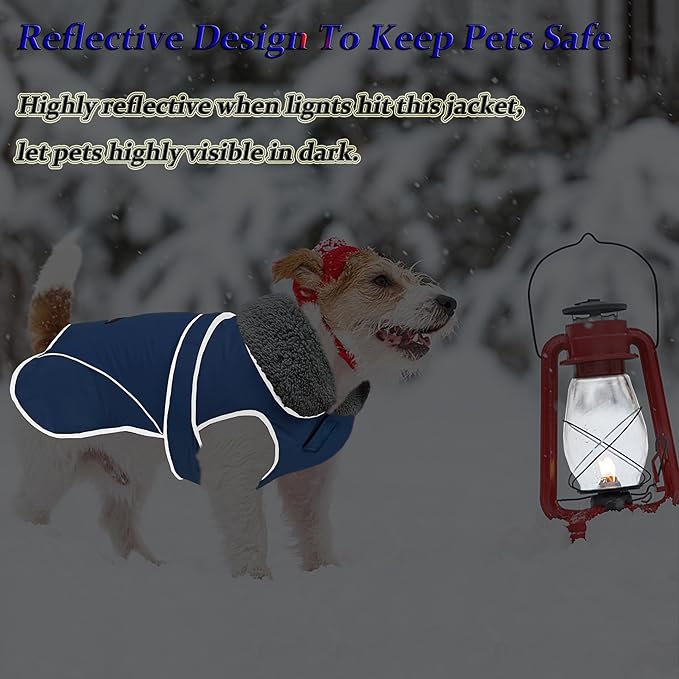 Dogcheer Dog Coat, Waterproof Dog Jacket Reflective Pet Winter Coat with Adjustable Hook & Loop, Christmas Puppy Fleece Jacket Warm Turtleneck Snowsuit for Small Medium Large Dogs - Blue, L