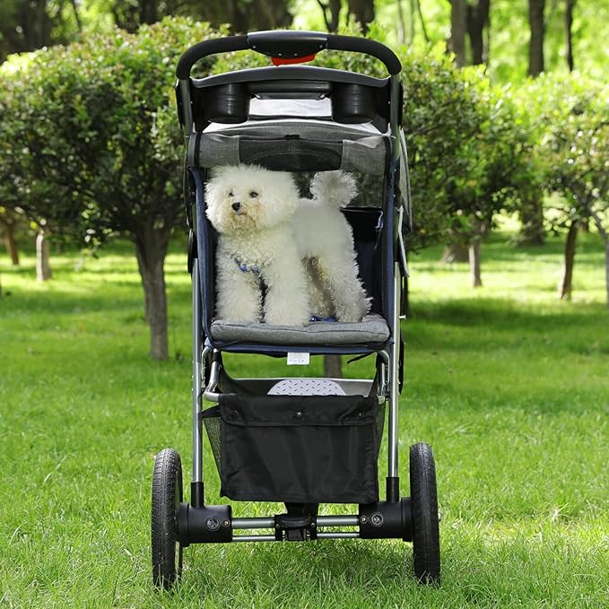 VIAGDO Premium Heavy Duty Dog Stroller for Small Medium Dogs & Cats, 3-Wheel Pet Strollers, Foldable Cat Stroller with Suspension System/Link Brake/One-Hand Fold, Max. Loading 55 LBS