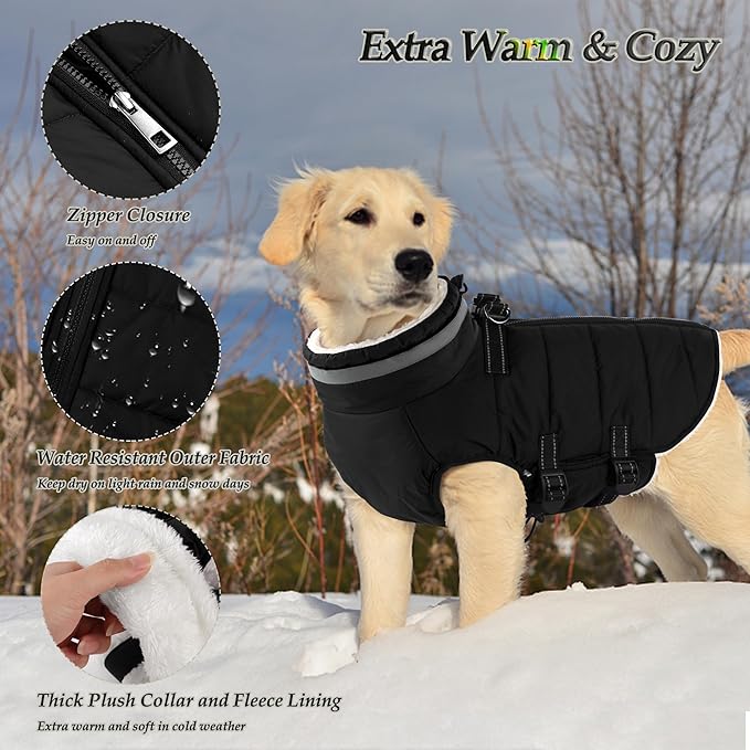 Dogcheer Dog Coat, Waterproof Dog Jacket with Harness, Reflective Adjustable Winter Coat with Zipper, Christmas Pet Snow Jacket Clothes for Small Medium Large Dogs - Black L