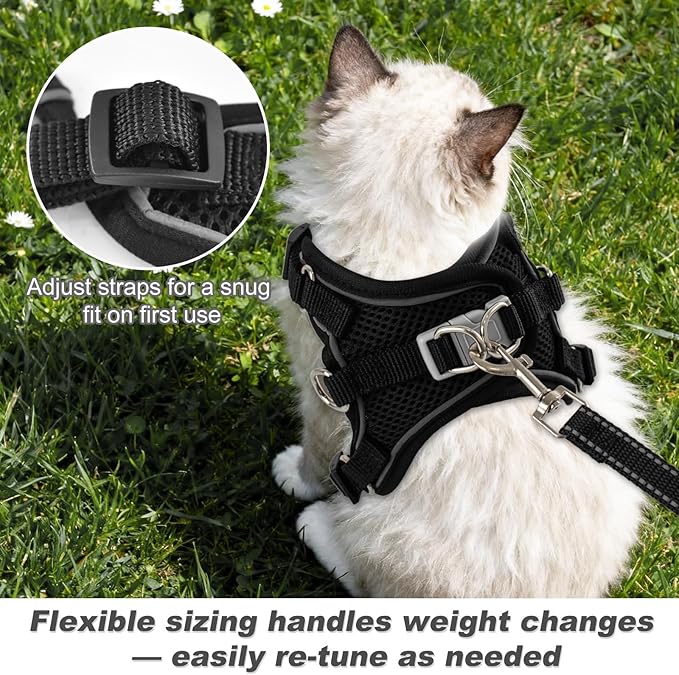 Kitten Cat Harness and Leash Set, Escape Proof Soft 4-Adjustable Cat Walking Vest Harness, Reflective Strips in Harness for Kitty Puppy Bunny Car Travel, with Car Seatbelt Leash (Black, S)