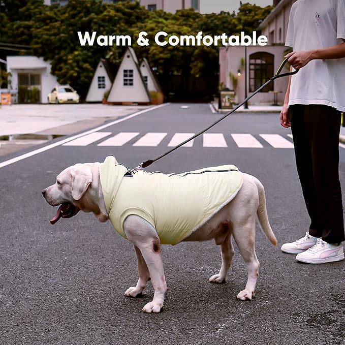 Fleece Lining Dog Hoodie with Harness Built in,Extra Warm Large Dog Jacket in Winter Doggie Coats with Hooded,Light Yellow XXL