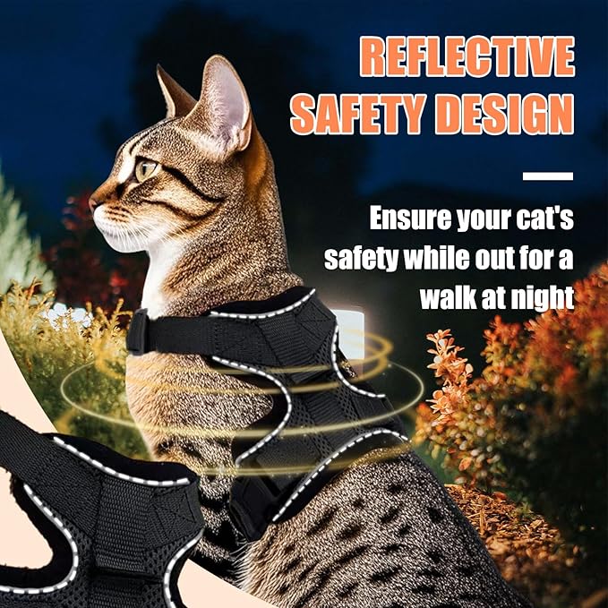 Cat Harness and Leash Set,Escape Proof Adjustable Cat Harness,Soft and Breathable Kitten Harness and Leash with Reflective Strips for Walking and Traveling(Black,XS)