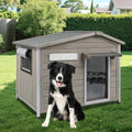 40'' L Large Dog House Outdoor Indoor, Wooden Dog Houses with Waterproof Roof, Door Curtain, Anti-Chewing Frame, Elevated Doghouse Shelter Bed Kennel with Window, Openable Roof