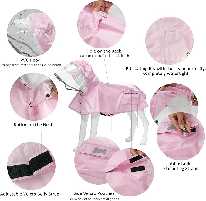 Waterproof Dog Raincoat, Adjustable Reflective Lightweight Pet Rain Clothes with Poncho Hood (Light Pink, X-Small)