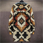 Mens Aztec Print Hoodie Heavyweight Cotton Fleece Jacket Zip Up Warm Long Sleeve Hooded Winter Midi Coat
