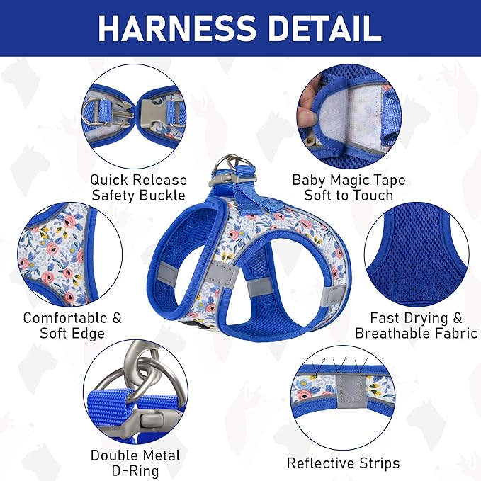 GAMUDA Small Dog Harness Collar and Leash Set, Step in No Chock No Pull Soft Mesh Adjustable Dog Vest Harnesses Plaid Reflective for Dogs Puppy Cats Kitten Rabbit (Blue Flower, XL)