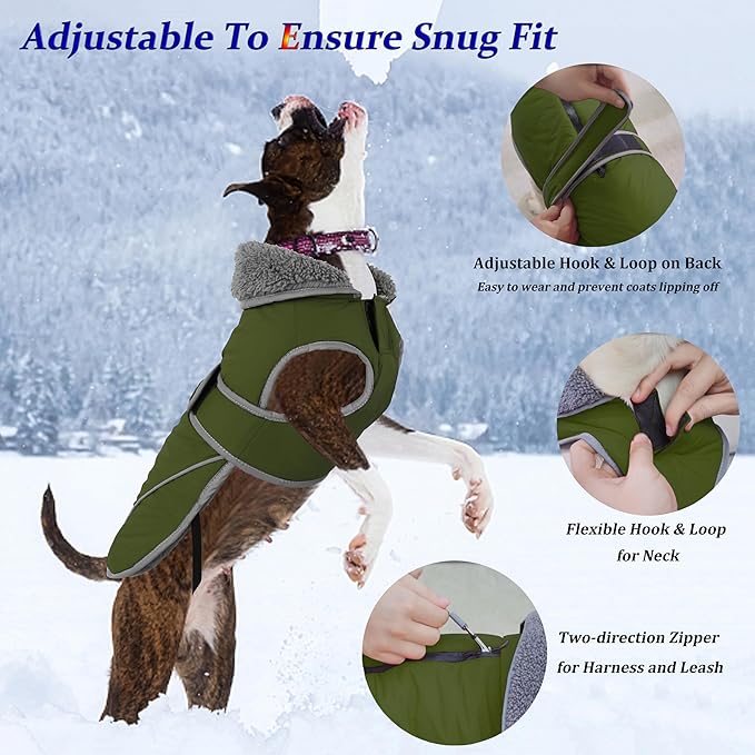 Dogcheer Dog Coat, Waterproof Dog Jacket Reflective Pet Winter Coat with Adjustable Hook & Loop, Christmas Puppy Fleece Jacket Warm Turtleneck Snowsuit for Small Medium Large Dogs - Green, 2XL