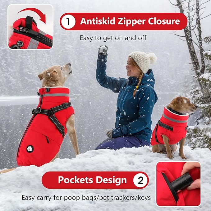 Dogcheer Dog Coat with Harness, Waterproof Dog Jacket, Christmas Puppy Winter Coat with Pocket, Reflective Doggy Turtleneck Puffer Vest for Small Medium Large Dogs - Red, M