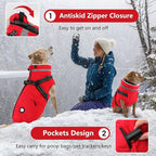 Dogcheer Dog Coat with Harness, Waterproof Dog Jacket, Christmas Puppy Winter Coat with Pocket, Reflective Doggy Turtleneck Puffer Vest for Small Medium Large Dogs - Red, M
