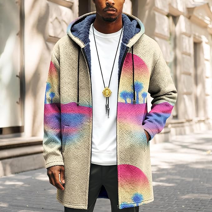 LIZALIG Long Hooded Cardigan Men Japanese Art Style Fashion Cool Graphic Coats Winter Warm Lined Fleece Jacket
