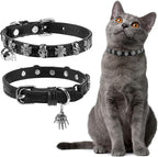 EXPAWLORER Halloween Cat Collar for Girl Boy- Adjustable Leather Pet Collar with Safety Elastic Belt,Personalized Punk Accessories Buckle Collars with Bell & Durable D-Ring, Skull(Black)