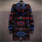 Mens Aztec Print Hoodie Heavyweight Cotton Fleece Jacket Zip Up Warm Long Sleeve Hooded Winter Midi Coat