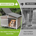 Dog House Outdoor for Large Breed with Anti-Chewing Iron Frame, Weatherproof Puppy Kennel with 360° Rotating Bowls, Dog Crate for Small & Medium Dogs Outside (Light Brown)
