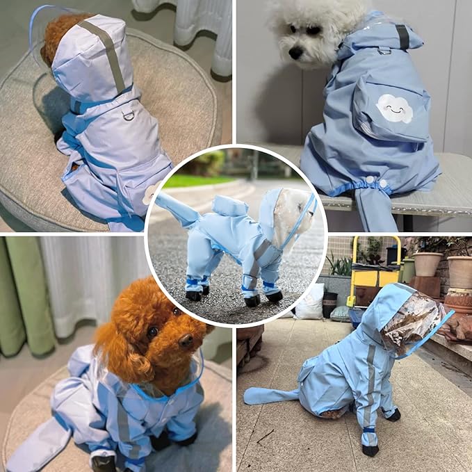 Small Dog Raincoat with Legs, Ideal for Teddy Bears, Waterproof Full Coverage with Mini Backpack, Reflective Hoodie and Detachable Tail (Blue, Large(Suggest Weight 8.8-13.2lb))