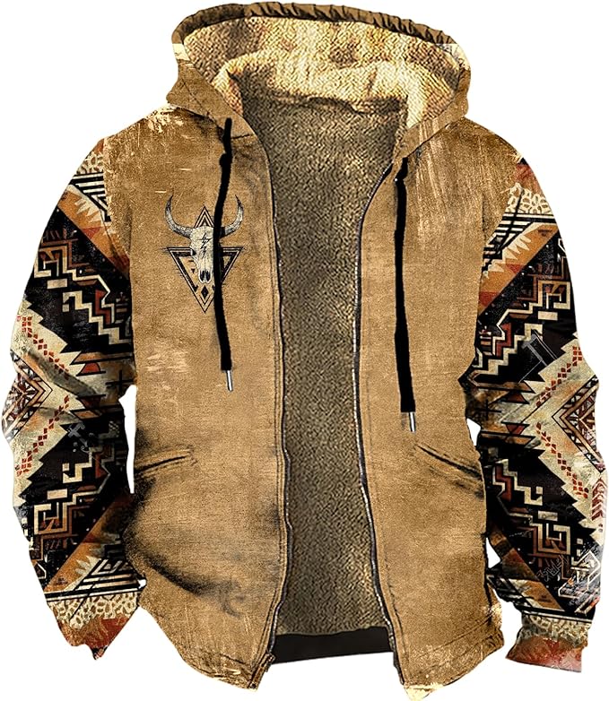 Men's Zip Up Jackets Western Style Ethnic Hoodie Hooded Vintage Long Sleeve Warm Coat Winter Outfits