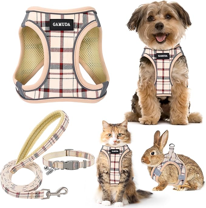 GAMUDA Small Dog Harness Collar and Leash Set, Step in No Chock No Pull Soft Mesh Adjustable Dog Vest Harnesses Plaid Reflective for Dogs Puppy Cats Kitten Rabbit (Beige Red, XXXS)