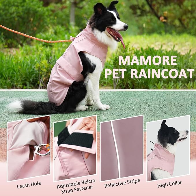 Waterproof Dog Raincoat, Adjustable Lightweight Dog Rain Jacket with Reflective Strip Leash Hole for Small Medium Large Dogs (Pink, X-Large(37-55lb))