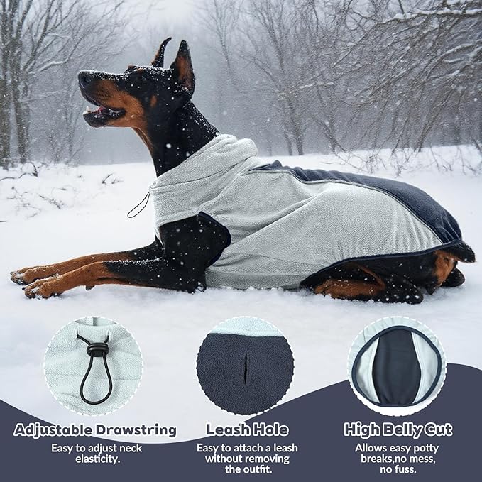 IECOii Dog Fleece Sweater for Medium Dogs, Dog Pullover Sweatshirt with Leash Hole & Reflective Stripes, Stretchable & Cozy Dogs Hoodie Windproof Hooded Sweaters for Fall Winter Walks, Blue, L